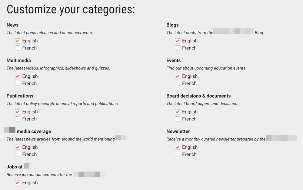 Client 2 subscription center categories before
